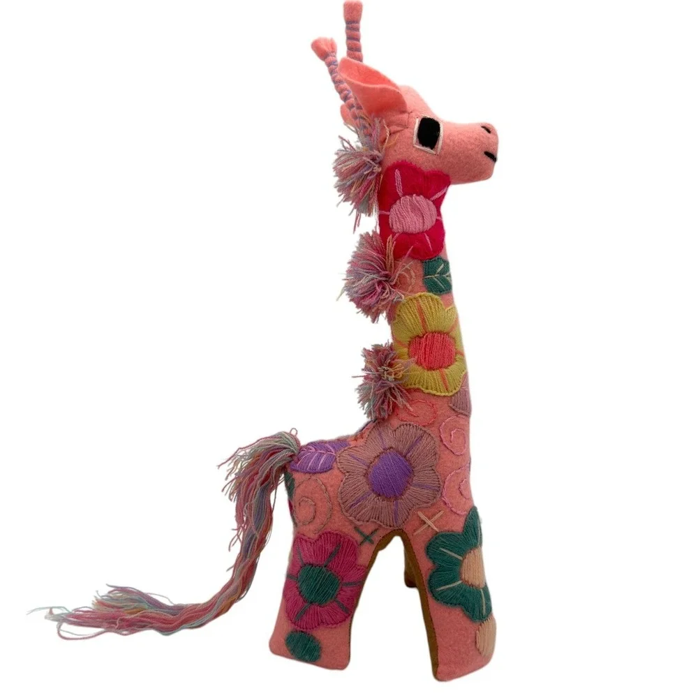 Unbranded Mexican Folk Art Embroidered Giraffe Plush 11in Pink